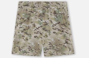 John Elliott Practice Shorts in Multi Camo, lightweight mesh fabric with green, tan, and brown camo pattern, elastic waistband, flat lay